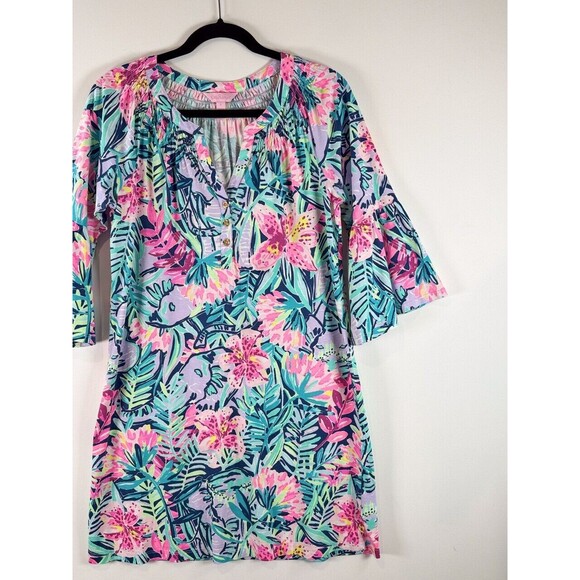 Lilly Pulitzer Dress Blue Mini Teigen Shift Floral V Neck Flared Hawaiian Small - Picture 9 of 14